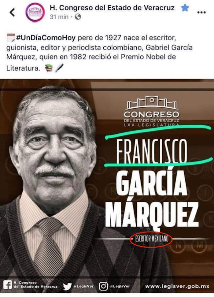 El Congreso de Veracruz homenajea a “Francisco” García Márquez, escritor “mexicano”