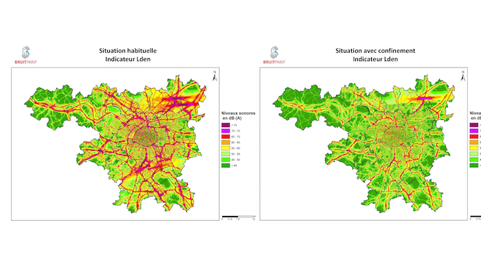 Gráfico proporcionado por BruitParif el jueves 26 de marzo de 2020 de la medición de contaminación auditiva antes y después de la cuarentena impuesta por el brote del coronavirus.