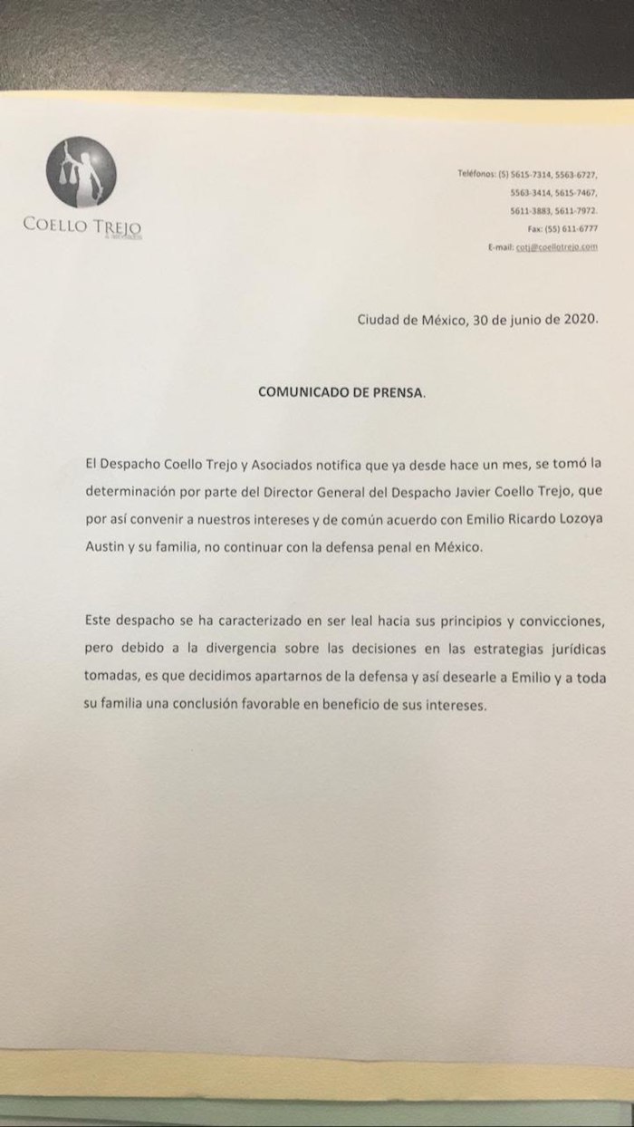 Imagen del comunicado donde se da a conocer que Javier Coello Trejo abandona la defensa de Emilio Lozoya. 