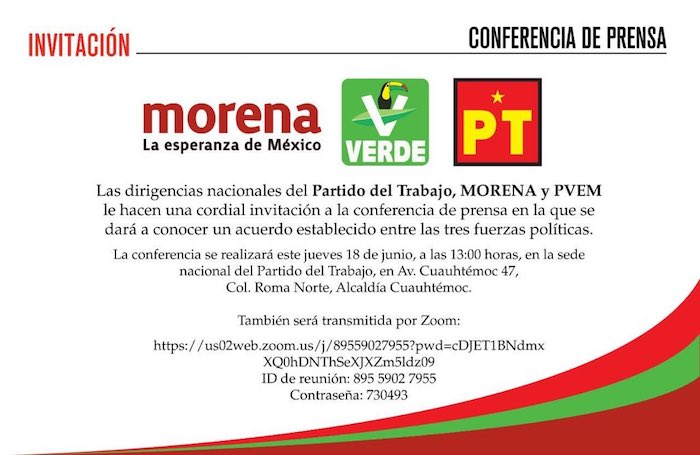 Invitación para la conferencia que ofreció Morena esta tarde. 