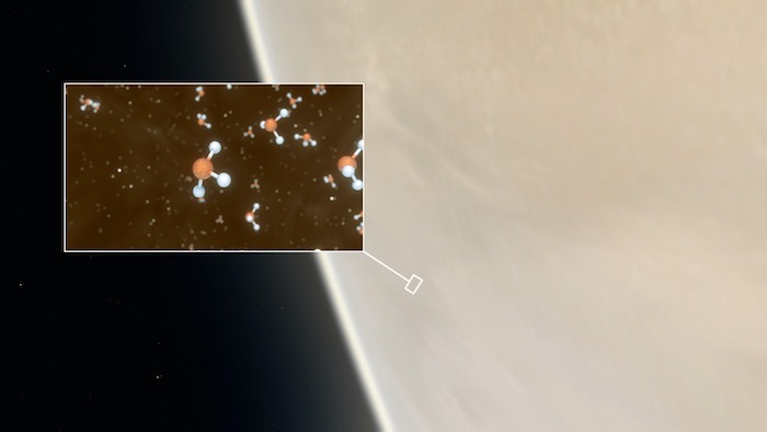 Impresión artística de Venus, con un recuadro que muestra una representación de las moléculas de fosfina detectadas en las nubes altas.