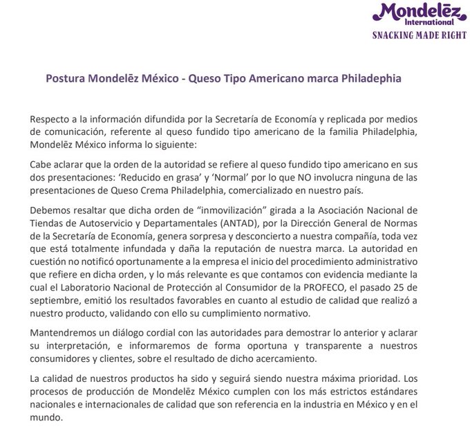 Comunicado mondelez philadelphia