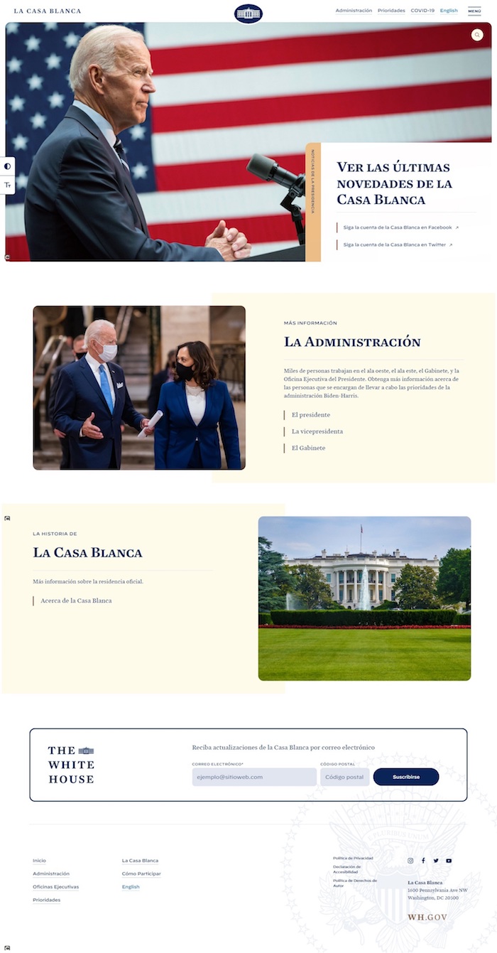 Captura de la portada de la página web de la Casa Blanca en español. 