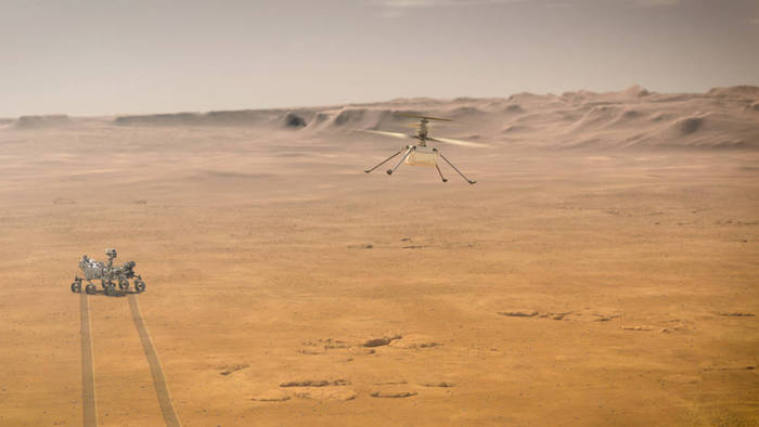 Cuando el helicóptero Ingenuity Mars de la NASA intente su primer vuelo de prueba en el Planeta Rojo, el rover Mars 2020 Perseverance de la agencia estará cerca, como se ve en el concepto de este artista. 