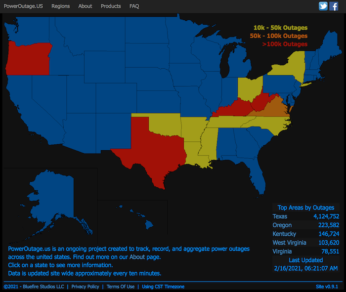 Mapa de poweroutage.us, un proyecto en curso creado para rastrear, registrar y agregar cortes de energía en los Estados Unidos. 