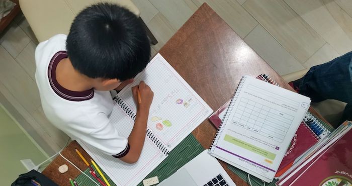 Un niño realiza las tareas de sus clases a distancia por la pandemia.