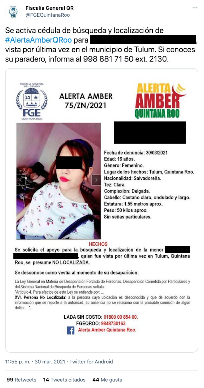 Ficha de búsqueda que compartió la Fiscalía de Quintana Roo para poder hallar a la hija mayor de la migrante salvadoreña. 