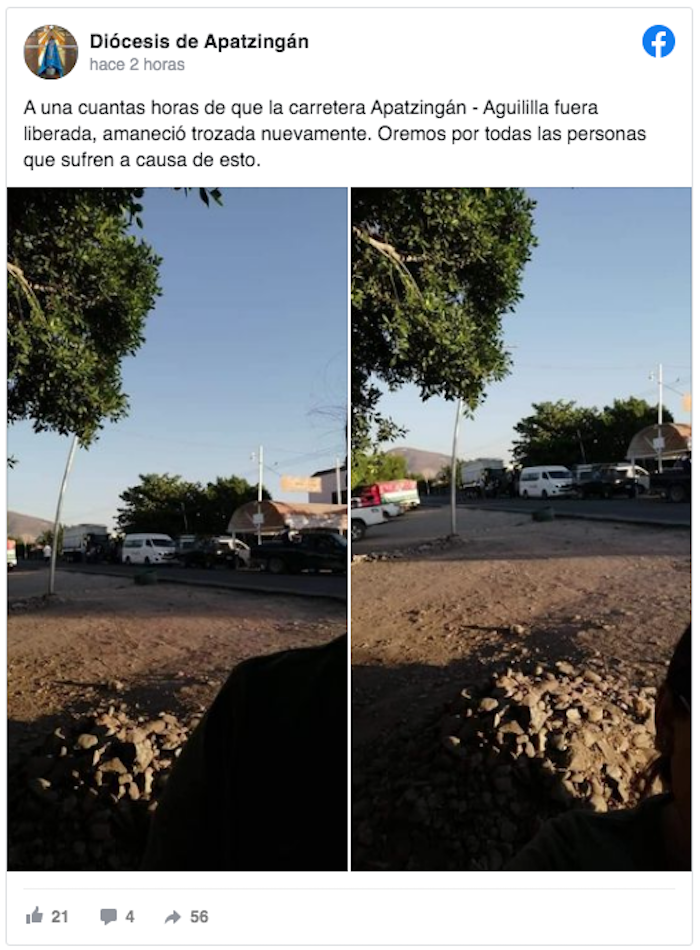 La Diócesis de Apatzingán, a la que corresponde Aguililla, informó este martes que la carretera estatal Apatzingán-Aguililla nuevamente fue dañada por narcotraficantes, pese al operativo policial, por lo que pobladores continúan con problemas para adquirir alimentos, medicinas y artículos de primera necesidad.