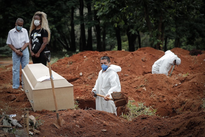 Un Trabajador Entierra Hoy a Una Víctima De Covid Mientras Familiares Se Lamentan En El Cementerio Vila Formosa En Sao Paulo brasil