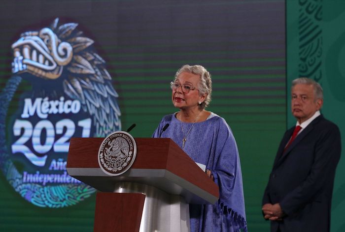 Olga Sánchez Cordero en una conferencia matutina del Presidente Andrés Manuel López Obrador.