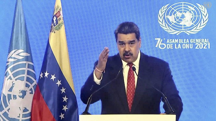 En esta imagen tomada de video ofrecido por UN Web TV, el Presidente de Venezuela Nicolás Maduro habla ante la Asamblea General de Naciones Unidas el miércoles 22 de septiembre del 2021. Foto: UN Web TV vía AP