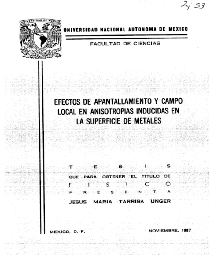 Portada de la tesis que elaboró Jesús María Tarriba Unger para titularse de la licenciatura en la Facultad de Ciencias.