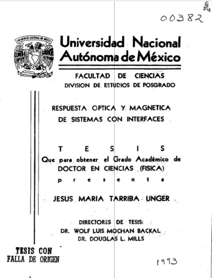 Tesis que realizó Jesús María Tarriba Unger para obtener su doctorado.