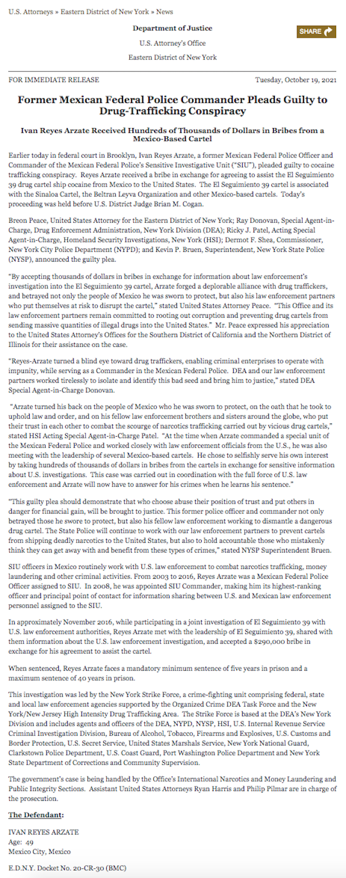 Comunicado del Departamento de Justicia de Estados Unidos sobre el caso Iván Reyes Arzate.