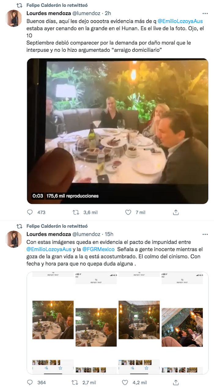 El expresidente Felipe Calderón retuiteó las imágenes de Emilio Lozoya que difundió la periodista Lourdes Mendoza.