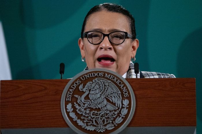 Rosa Icela Rodríguez, Secretaria de Seguridad y Protección Ciudadana, durante la conferencia matutina desde Palacio Nacional, donde se presentó el informe mensual de seguridad.