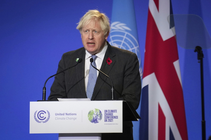 El Primer Ministro Boris Johnson al inaugurar la Cumbre del Clima de la ONU COP26, el lunes 1 de noviembre de 2021, en Glasgow, Escocia.