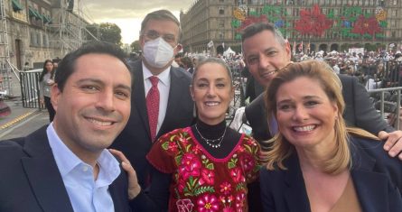 Mauricio Vila, Gobernador de Yucatán; Marcelo Ebrard, Secretario de Relaciones Exteriores; Alejandro Murat, Gobernador de Oaxaca; Claudia Sheinbaum, Jefa de Gobierno de la Ciudad de México; y María Eugenia Campos, Gobernadora de Chihuahua.