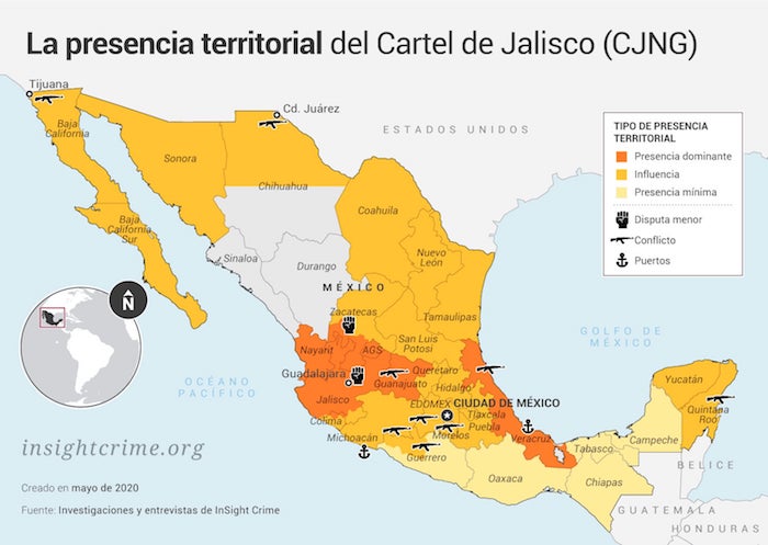 Mapa de la presencia territorial del CJNG en México.