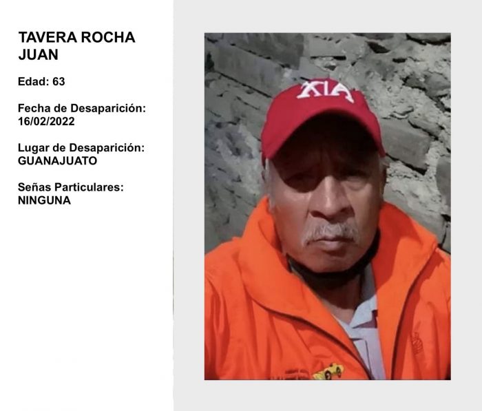 Ficha de búsqueda de Juan Tavera Rocha, de 63 años.