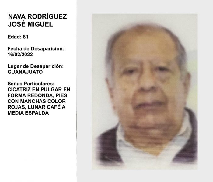 Ficha de búsqueda de José Miguel Nava Rodríguez, de 81 años.