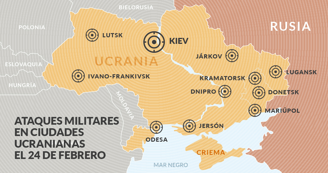 Rusia lanzó el jueves un amplio ataque contra Ucrania, y empleó ataques aéreos y artillería contra ciudades y bases, mientras los civiles huían en trenes y autos.