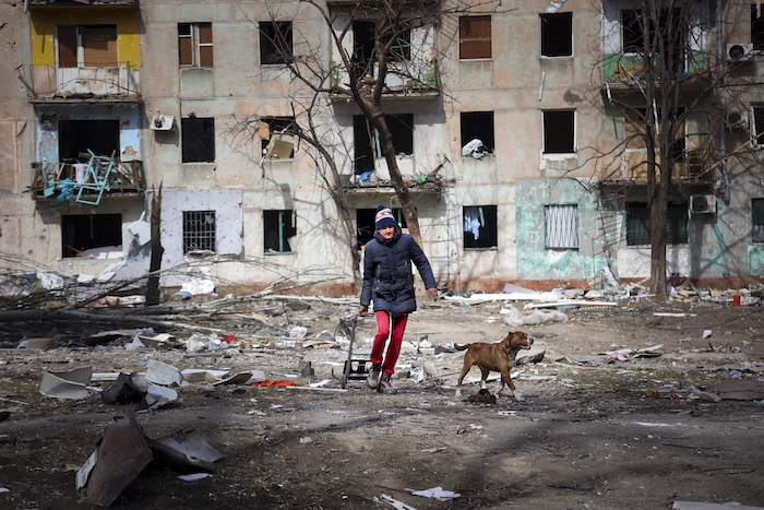 Un hombre camina con su perro cerca de un edificio dañado por proyectiles a las afueras de Mariúpol, Ucrania, en territorio controlado por el gobierno separatista de la República Popular de Donestk el martes 29 de marzo de 2022. 