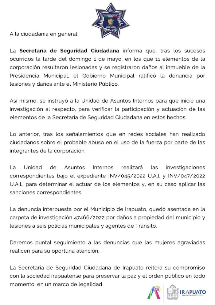 La Secretaría de Seguridad Ciudadana hizo público un comunicado en el que confirma que fue el Gobierno Municipal que encabeza Lorena Alfaro García el que ratificó la denuncia contra las mujeres ante el Ministerio Público.