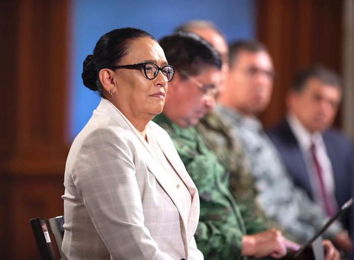 La Secretaria de Seguridad y Protección Ciudadana en Palacio Nacional.