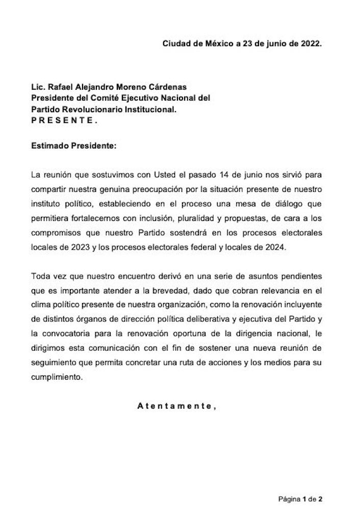 Primera parte del comunicado de los dirigentes del PRI.