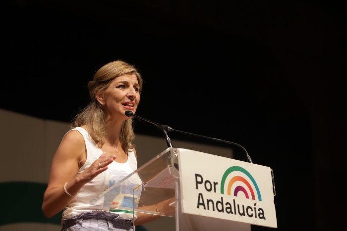 La Vicepresidenta y Ministra Yolanda Díaz en un acto electoral de campaña para los comicios autonómicos del próximo día 19 a 12 de junio del 2022 en Málaga (Andalucía, España).