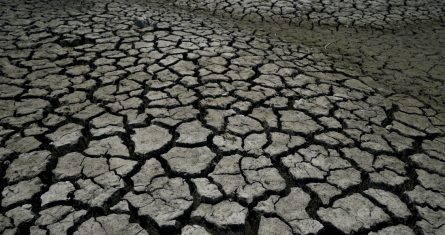 La tierra seca y agrietada es visible en el embalse La Boca que abastece de agua a la ciudad norteña de Monterrey que está casi seco debido a que la parte norte de México se ve afectada por una intensa sequía, en Santiago, México, el sábado 9 de julio de 2022.