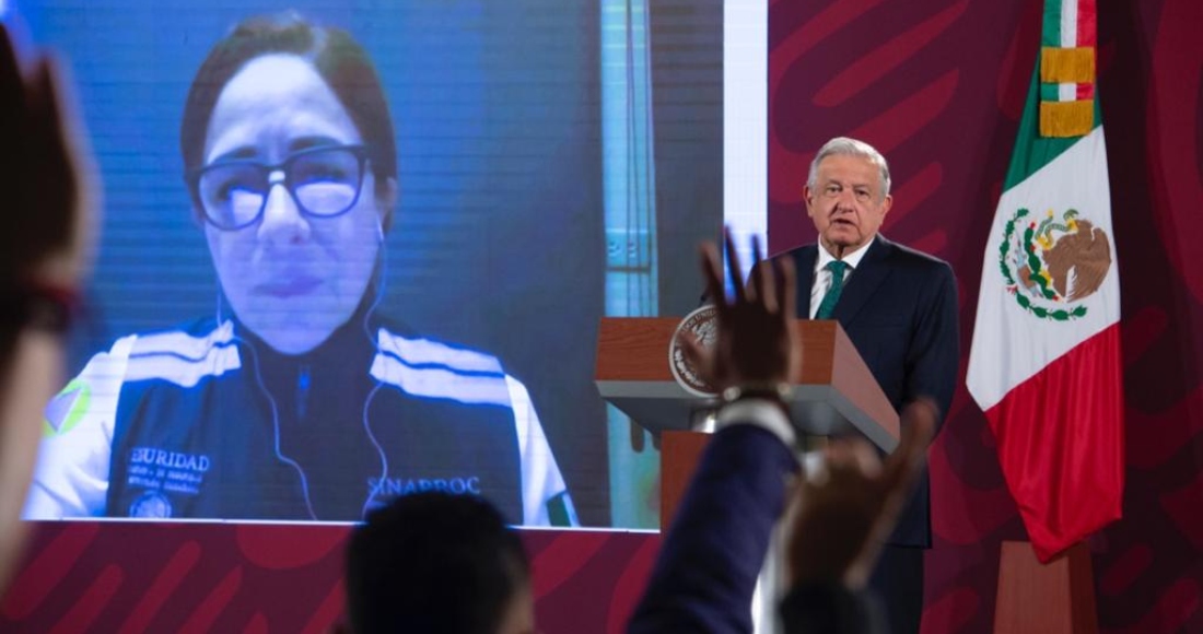 Laura Velázquez Alzúa, titular de la Coordinación Nacional de Protección Civil (CNPC), durante un enlace con la conferencia de prensa matutina del Presidente Andrés Manuel López Obrador.