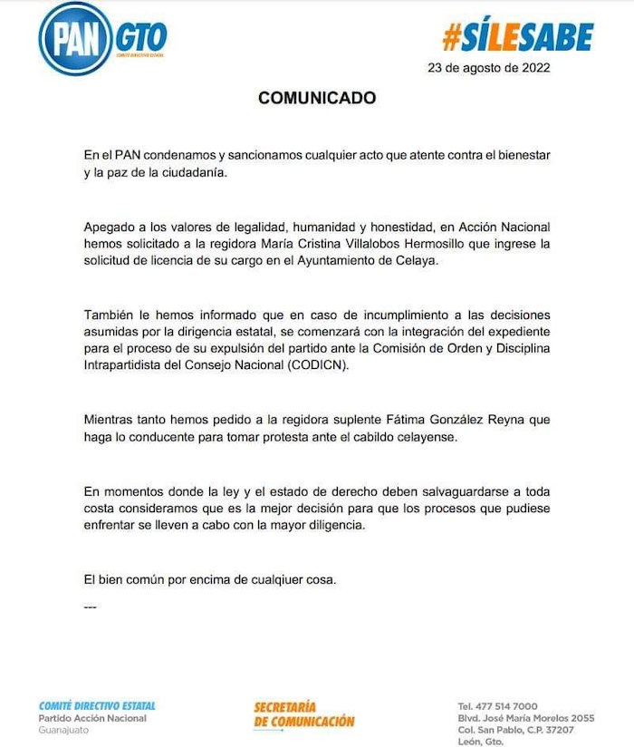 Comunicado Del Comité Directivo Estatal Del Pan En Guanajuato