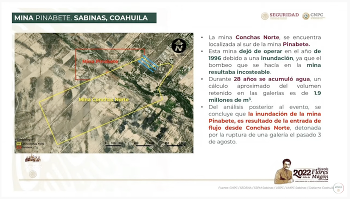 Mapa de las minas "El Pinabete", donde se encuentran los 10 trabajadores atrapados, y Conchas Norte.