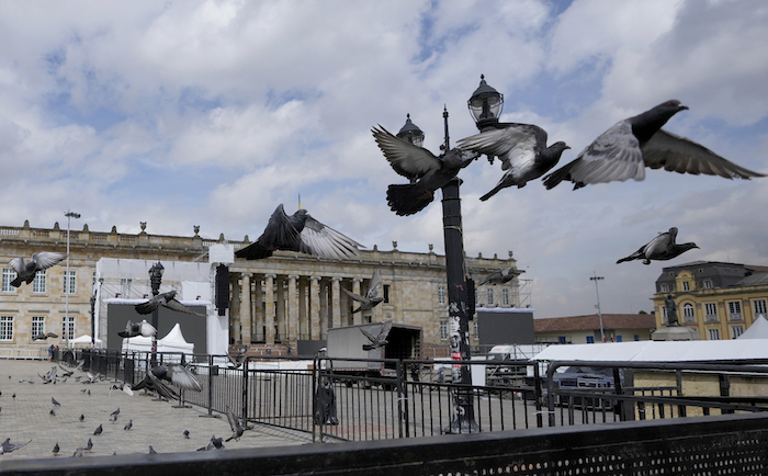 Las Palomas Vuelan En La Plaza De Bolívar Donde Se Prepara Un Escenario Para La Próxima Ceremonia De Toma De Posesión Presidencial En Bogotá Colombia El Jueves De Agosto De