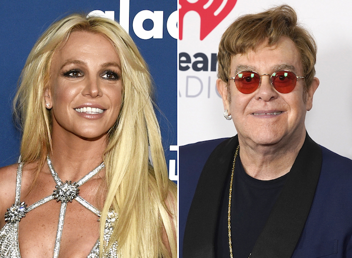 En esta combinación de fotografías Britney Spears en la 29a entrega anual de los Premios GLAAD Media en Beverly Hills, California, el 12 de abril de 2018, izquierda, y Elton John en los Premios iHeartRadio Music el 27 de mayo de 2021 en Los Ángeles.