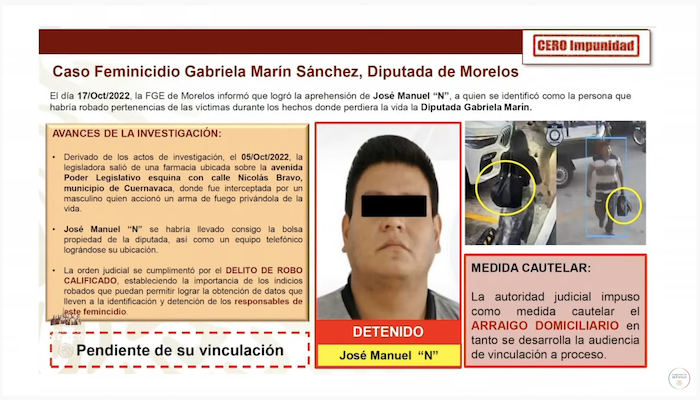 Ricardo Mejía Berdeja, Subsecretario de Seguridad, informó la mañana de este jueves que hay un detenido relacionado con el asesinato de Gabriela Marín Sánchez, Diputada local de Morelos, pero que éste no está imputado por el delito de homicidio, sino por el robo de las pertenencias de la legisladora y de su chofer.