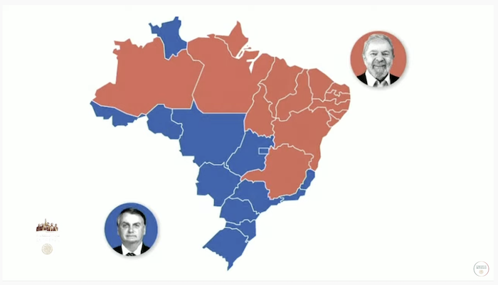 Mapa sobre la votación en la primera vuelta de la elección presidencial de Brasil.