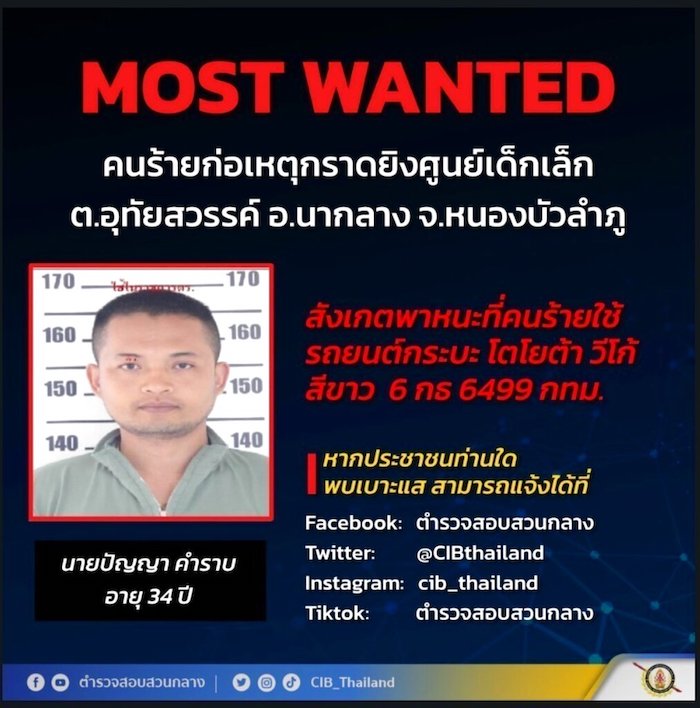 En esta imagen distribuida por la Oficina de Investigación Criminal de Tailandia, se muestra al sospechoso de un ataque perpetrado en la localidad de Nongbua Lamphu, en el norte de Tailandia, el 6 de octubre de 2022.