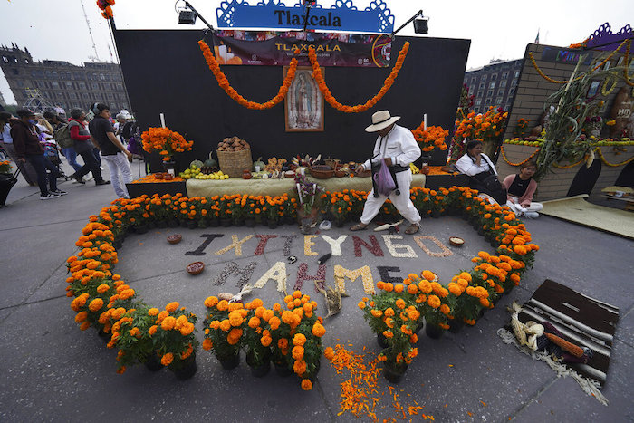 Un hombre adorna un altar con flores de cempasúchil en la plaza principal de la Ciudad de México, el Zócalo, como parte de las festividades del Día de los Muertos en la Ciudad de México, el viernes 28 de octubre de 2022.