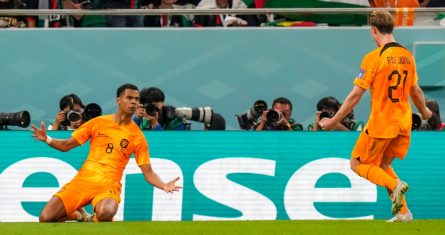 El delantero holandés Cody Gakpo celebra tras anotar el primer gol en el partido ante Senegal en el Grupo A del Mundial, el lunes 21 de 2022, en Doha, Qatar.