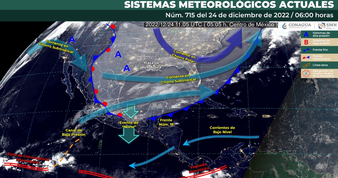 El Servicio Meteorológico Nacional (SMN) informó la mañana de este sábado que el Frente Frío Número 19 y su masa de aire ártica provocarán una onda gélida sobre gran parte de México, así como evento de "Norte" intenso.