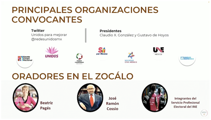 El Presidente Andrés Manuel López Obrador enlistó a aquellas organizaciones que lanzaron la convocatoria de la marcha, entre las que se encuentran el Frente Cívico Nacional, Unid@s, Poder Ciudadano, Sí por México, Sociedad Civil México, Une México y Unidos por México.