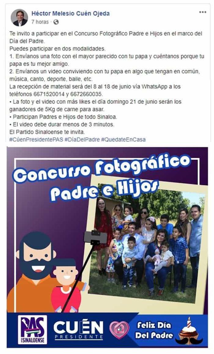 En junio de 2020, Héctor Melesio Cuén Ojeda posteó en su página de Facebook un concurso fotográfico sobre el Día del Padre organizado por el Partido Sinaloense (PAS).