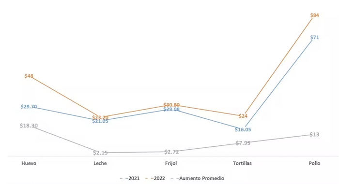 Evolución en el precio de algunos productos de la canasta básica entre 2021 y 2022.