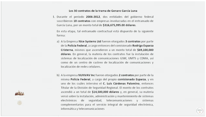 Los 30 contratos de la trama de corrupción de Genaro García Luna, según la Unidad de Inteligencia Financiera (UIF).