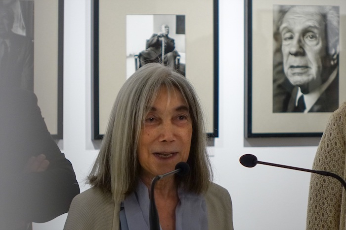 La escritora María Kodama en la presentación de la exposición “El infinito Borges, 30 años”.