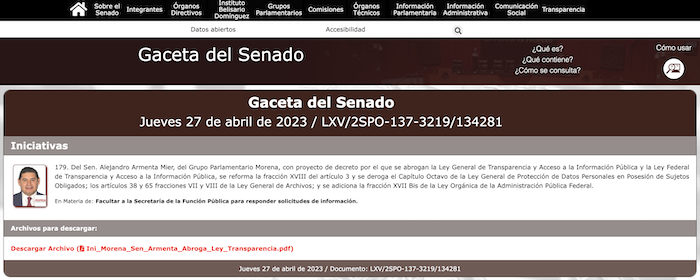 Aunque la propuesta del legislador del Grupo Parlamentario Morena se publicó por la mañana en la Gaceta del Senado, ya no es posible consultar el documento con el proyecto completo, el cual se encontraba bajo el número 179 en la sección de las iniciativas de la orden del día.