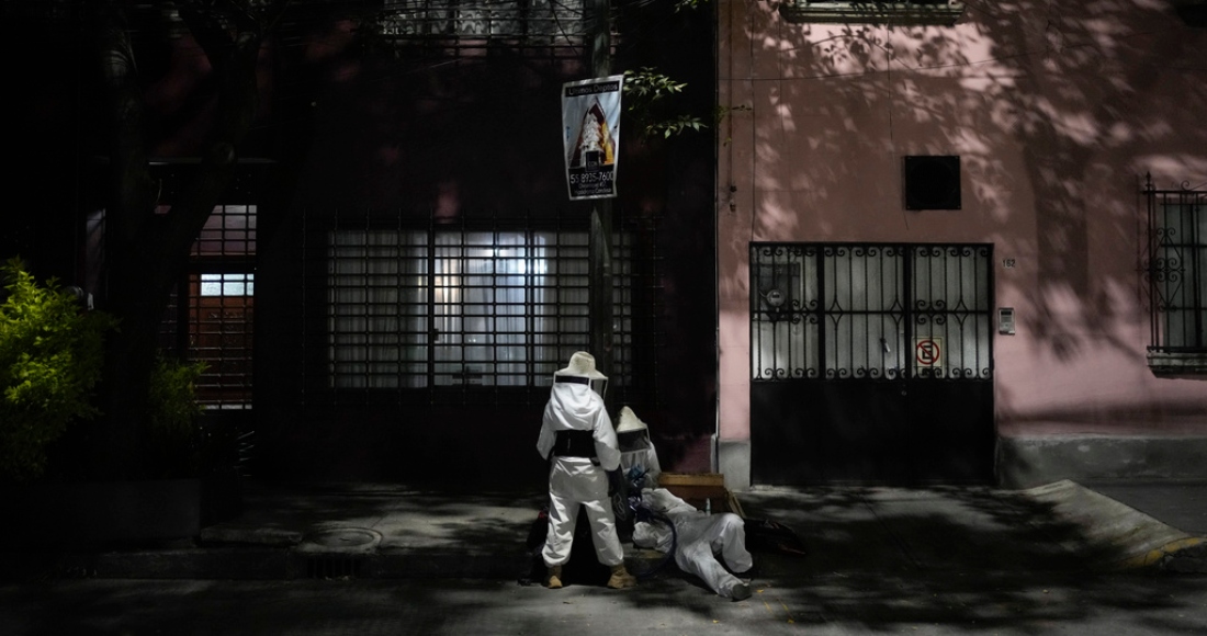 Adriana Velíz y miembros de su grupo Abeja Negra SOS, vestidos con trajes especiales para protegerse de picaduras, rescatan una colmena que las abejas formaron dentro de la base de un poste de luz en la Ciudad de México, el jueves 8 de junio de 2023.